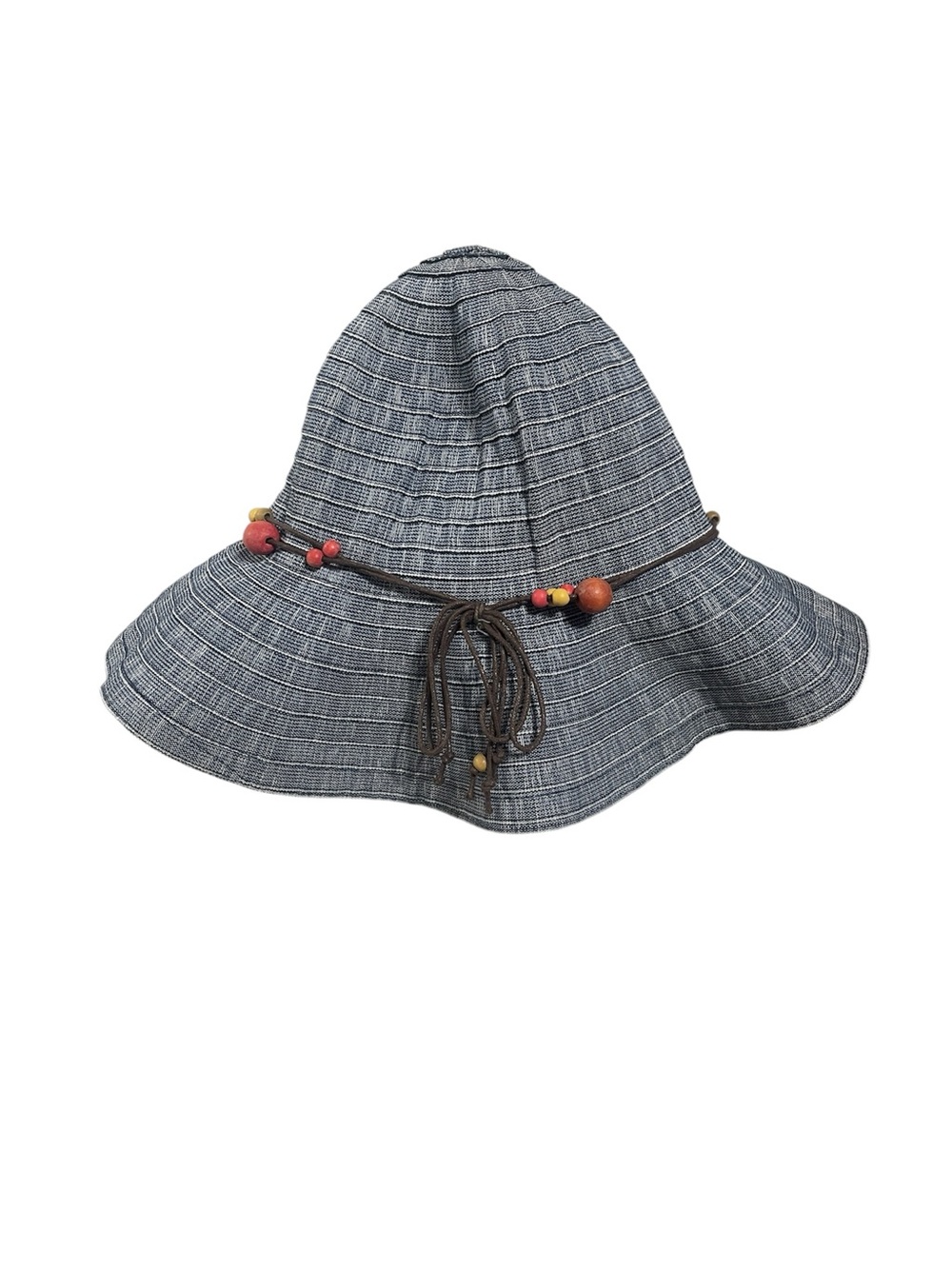 Blue Woven Wide-Brim Bucket Sun Hat with Beaded Tie